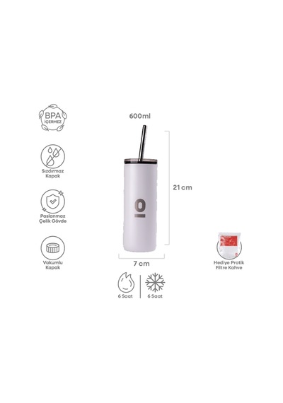 Paslanmaz Çelik Şeffaf Kapaklı Beyaz Mug Termos 600 ml No:84 Beyaz