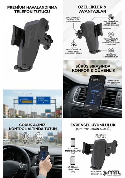 Araç İçi Dayanıklı Telefon Tutucu Havalandırma Izgarası Özel Tasarım Tek Elle Kullanım Mt6070 Siyah