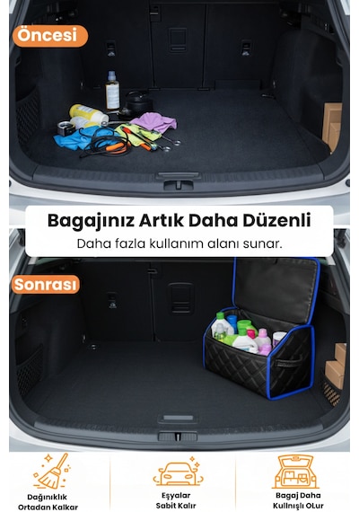Bagaj Çantası Oto Bagaj Organizer Çift Kat Deri Su Geçirmez Kaymaz Katlanır - Siyah Mavi