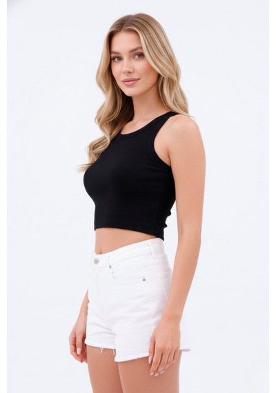 Zedefx Kadın Halter Yaka Pencere Detaylı Crop Bluz Siyah
