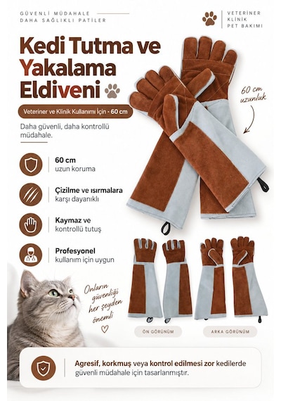 Petgrooming Profesyonel Veteriner Kedi Tutma Ve Yakalama Eldiveni 60 Cm Uzun Kollu Koruyucu Eldiven