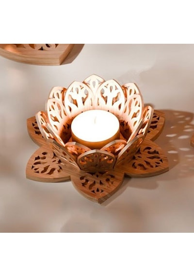 Lotus Çiçeği Desenli Ahşap Mumluk Çok Renkli