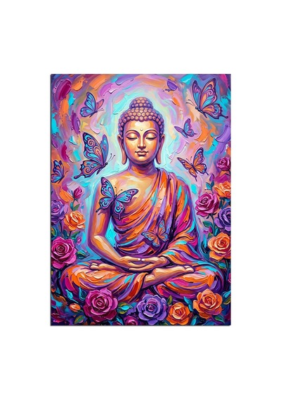 Kelebekli Ve Güllü Ve Renkli Buda Heykeli Meditasyon Yapan Dekoratif Kanvas - Mdf Ahşap Tablo Çok Renkli