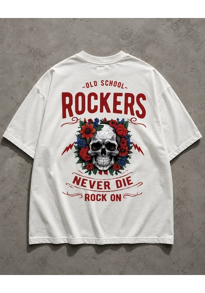 Montree Rockers Baskılı Oversize %100 Pamuk Premium Tişört Beyaz