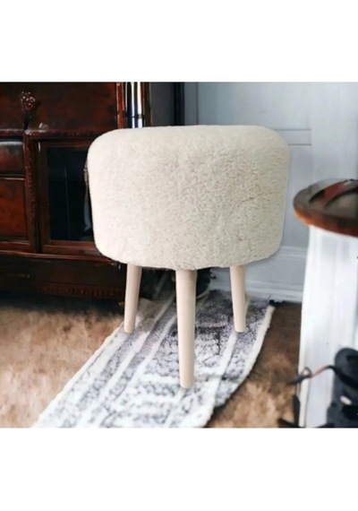 Coco Puf,peluş,pofidik Yuvarlak Puf,gürgen Ayaklı Krem