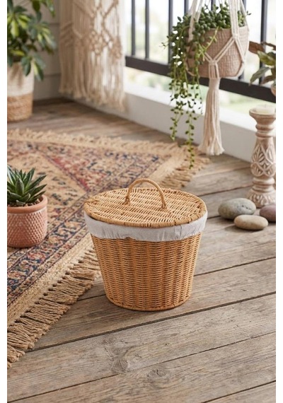 Atbyhome Kapaklı Bezli Hasır Patates Soğan Sepeti - 28x23 Cm Mutfak Düzenleyici Kahverengi