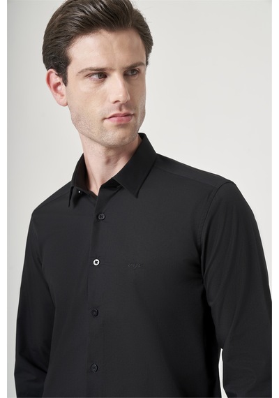 İmza Siyah Sert Yaka Uzun Kol Cepsiz Slim Fit Pamuklu Gömlek 1004260181