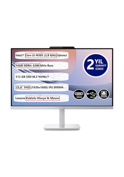 Lenovo A100 F0J6002TTR i3-N305 16 GB 512 GB SSD 23.8" Dos AIO FHD Masaüstü Bilgisayar