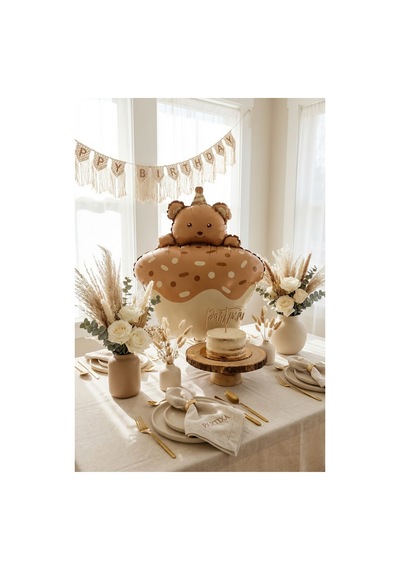 Ayıcık Figürlü Kahverengi Retro Cupcake Folyo Balon Baby Shower Doğum Günü Parti Süsü Çok Renkli