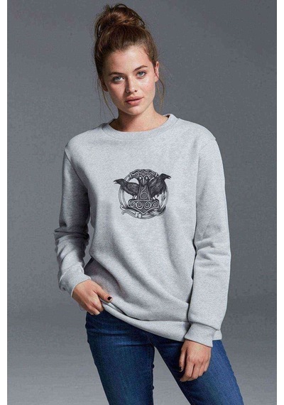 Viking Mitolojisi Odin Raven Baskılı Gri Kadın Sweatshirt