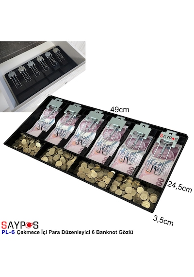Metal Mandallı Rampalı Çekmece İçi Para Düzenleyici 6 Banknot 4 Bozuk Para Gözlü 49x24,5x3,5cm
