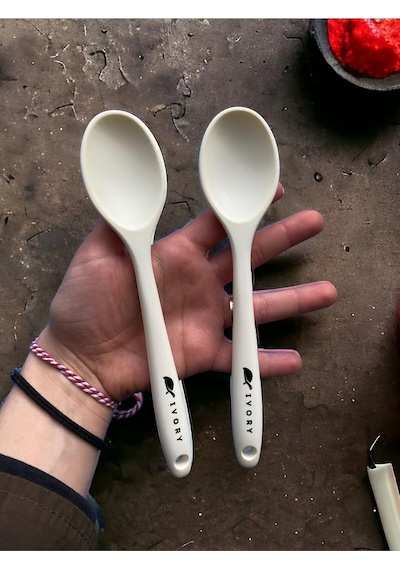 Sert Uçlu Dayanıklı Silikon Kısa Derin Kaşık, 20 Cm, Bej, 2 Adet