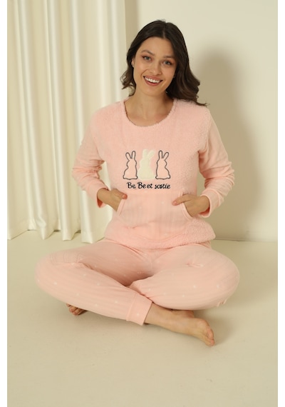 Wordex Fwn 04-3302 Peluş Welsoft Polar Kışlık Yumoş Tavşanlı Kadın Pijama Takımı Soft Pembe