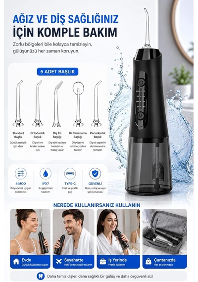 Auhma Amf11 Şarjlı Ağız Duşu 320ml Su Hazneli 4 Modlu Ipx7 Su Geçirmez Type-c Hızlı Şarjlı 5 Başlıklı Profe