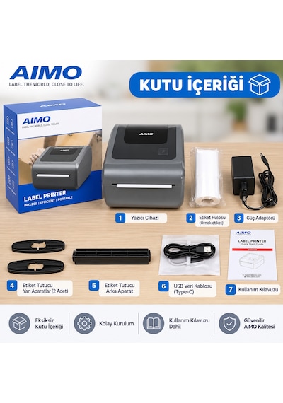 Aimo D450-bt Bluetooth Termal Etiket Yazıcı 203 Dpı 150 Mm/sn  Barkod Ve Qr Kod Usb Yazıcısı