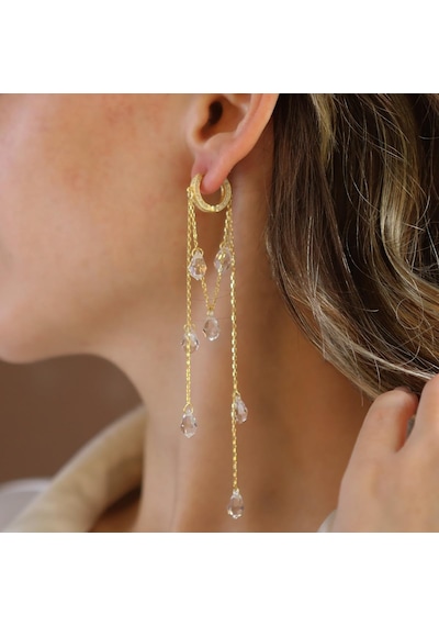 Damla Sallantılı Kristal Gold Gümüş Küpe Gümüş