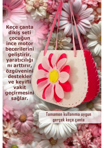 Keçe Dikiş Seti , Çiçekli Keçe Çanta, Kendin Yap Çocuk Çantası