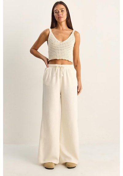 Shade Kadın Beli Lastikli Cep Detaylı Bol Keten Pantolon Yp5562 60286109 - Krem