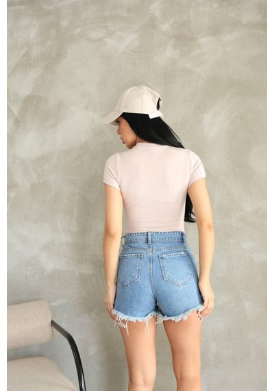 Moda Banuş Premıum Kalite Bej Esnek Buzzy Kumaş Bisiklet Yaka Kısa Kol Basic Body
