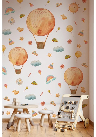 Eğlenceli Balonlar Ve Figürler Çocuk Bebek Odası Duvar Cam Sticker Seti, Balon Çiçekler Gökkuşakları Dijital Baskı