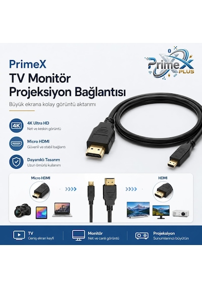 Primex Px-1121 Micro Hdmı To Hdmı Kablo, 1.5 Metre 1080p Full Hd Hdmi Görüntü Ve Ses Aktarım Kablosu, Micro Hdmi Type-d Kamera Tablet Mini Laptop Raspberry Pi Tv Monitör Projeksiyon Bağlantı Kablosu