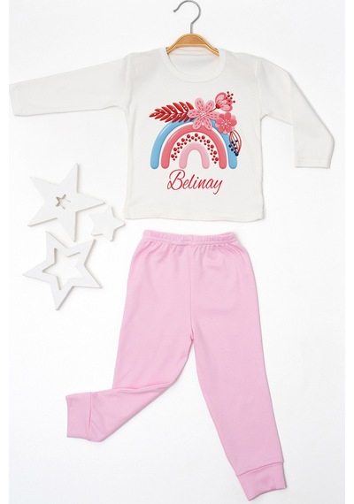 Pia Baby İsimli Kız Çocuk Pijama Takımı %100 Pamuk Penye İsme Özel Baskılı Kişiselleştirilebilir Pijama Seti 20291p14pi Krem