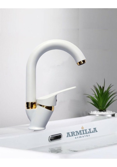 Beyaz Gold Banyo Lavabo Musluğu Bataryası Sıcak Soğuk Çift Su Girişli Diğer