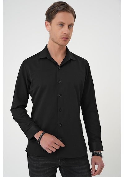 Efor Slim Fit Dokulu Erkek Yaka Pamuklu Klasik Siyah Gömlek Gk 740 Siyah