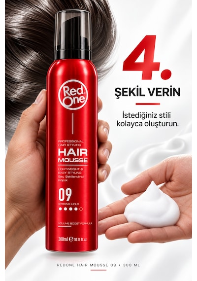 Redone Profesyonel Hair Styling Mousse Strong Hold No:9 & Kolay Şekillendirme, Güçlü Ve Esnek Tutuş 300 Ml