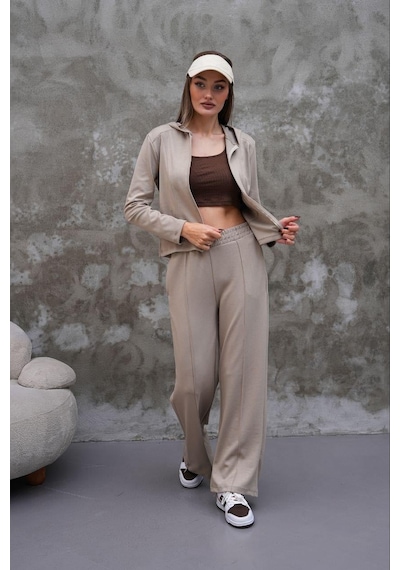 Elaxi Modal Kumaş Slim Fit Kapüşonlu İkili Takım Bej