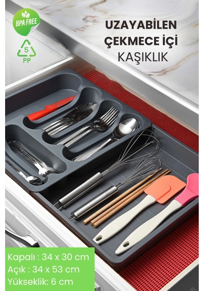 Uzayabilen Ayarlanabilir Kayar Kızaklı Çekmece Içi Kaşıklık Organizeri Antrasit Plastik Gri Diğer