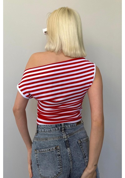 Madmext Kırmızı Düşük Omuz Çizgili Bluz Mg2467