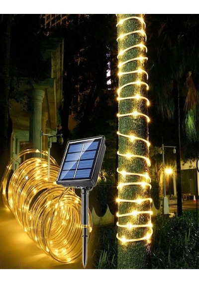 100 Led 12 Metre Sarı Flex Peri Led Işık Güneş Enerjili Solar Bahçe Balkon Ağaç Lambası Aydınlatması