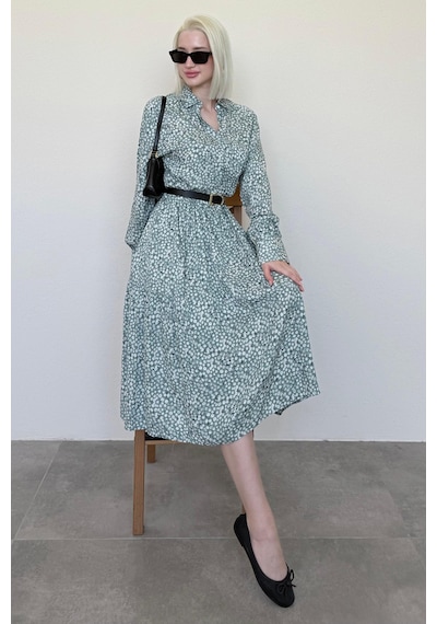 Madmext Mint Yeşili Uzun Kollu Düğmeli Desenli Elbise Mg2431 Mint Yeşili