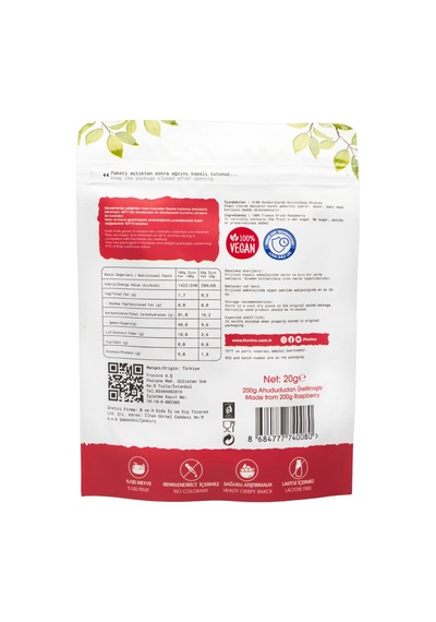 Fruvivo Dondurularak Kurutulmuş Ahududu Freeze Dry Raspberry Şeker İlavesiz %100 Doğal Vegan Atıştırmalık 20 G