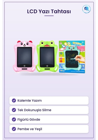 Lcd Yazı Tahtası Çocuk Figürlü Dijital Çizim Tableti Pembe Yeşil Çok Renkli