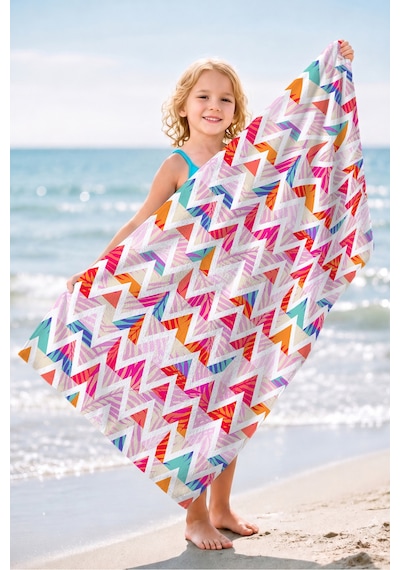 Zikzak Tropikal Geometrik Plaj Havlusu - Bohem Pembe Turuncu Akdeniz Hızlı Kuruyan Mikrofiber Havlu Kumlu Kabuğu