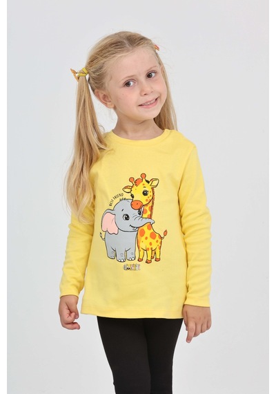Toontoy Kız Çocuk Zürafa Fil Baskılı Sweatshirt Koyu Sarı