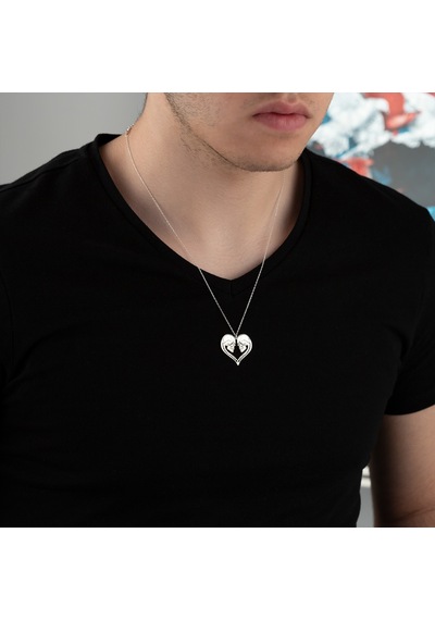 Dkmn Gümüş Çift Kurukafa Kalpli 925 Ayar Unisex Gümüş Kolye Gümüş Unisex Kol