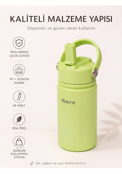 350 Ml Kulplu Pipetli Çelik Termos Bardak Bpa Free, Taşınabilir Mini Termos, Yeşil