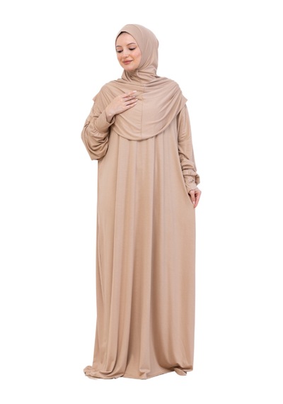 Modish Group Tek Parça Namaz Elbisesi Seti, Viskon Yumuşak Tesettür Abaya, Rahat Hazır Şal Başörtüsü Takım Koyu Vizon