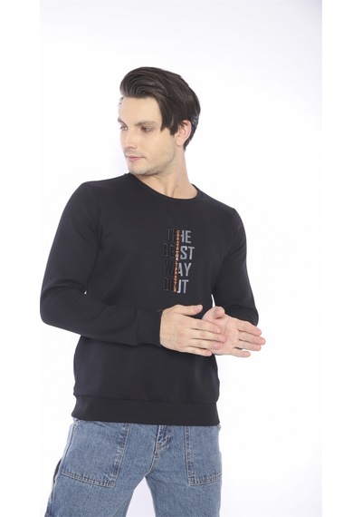 Escetic Erkek Spor Slimfit, Bisiklet Yaka Siyah Sweatshirt-4271 Siyah