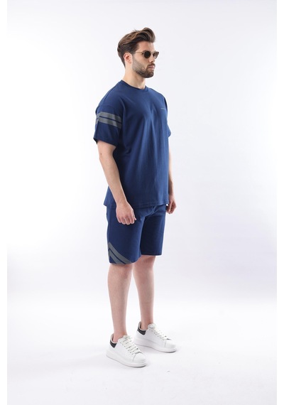 Madmext Lacivert Şerit Detaylı Erkek Şort T-shirt Takım E7301