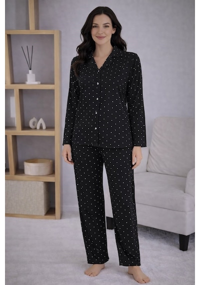 Pemilo Kadın 7119 Düğmeli Uzun Kol Pijama Takımı Siyah
