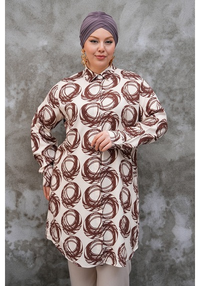 Polologin Butik Daire Desenli Kahverengi Krem Tunik Çok Renkli