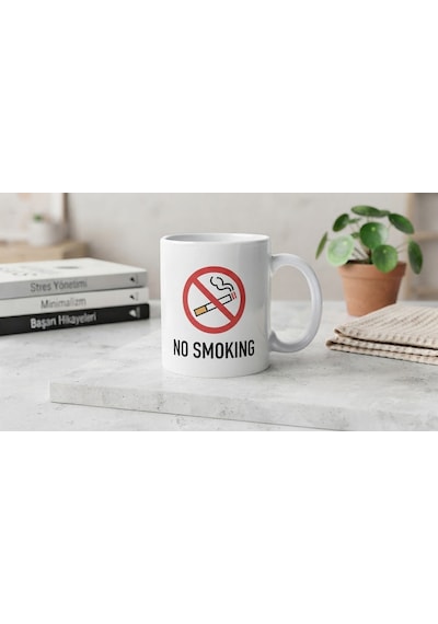No Smoking Temalı Çift Taraf Baskılı Kupa Bardak Beyaz