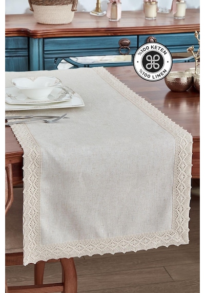Evlen Home %100 Keten Pamuk Dantelli Runner 50x130 Cm Linen Kumaş Masa Örtüsü Sehpa Leke Tutmaz Mutfak Bej