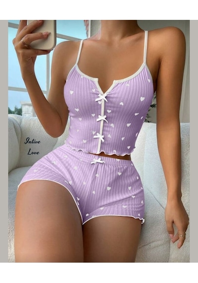 Intive Comfort Kalp Desenli V Yaka İnce Askılı Mini Şortlu Büstiy Lila