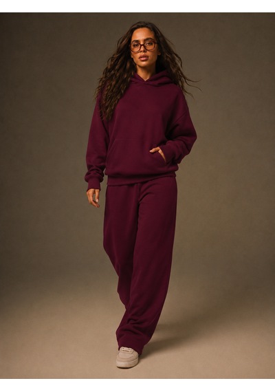 Macklin Unisex Kadın Erkek Baskısız Sweatshirt Oversize 3 İplik Kapüşonlu Hoodie Ve Baggy Eşofman Altı Bordo