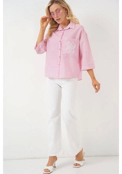 Defymoda Tek Cep Nakışlı Gömlek 20328 - Pembe Pembe